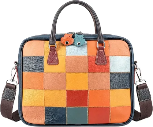 Vista 9 de Top Grain Leather Laptop Bag Handbag Multicolor Patchwork Laptop Messenger Crossbody Shoulder Bags for Men and Women