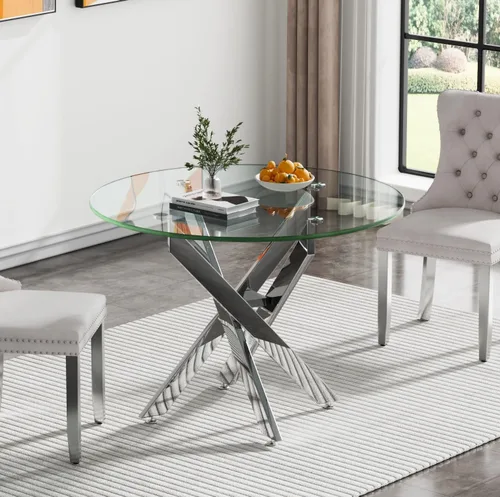 Vista 13 de Mesa de comedor redonda de vidrio de 36 pulgadas para 2-4 personas, patas de metal negro resistentes, mesa de cocina redonda de vidrio