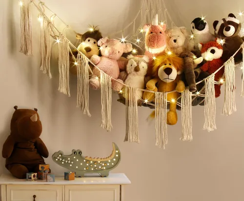Vista 6 de RelaxScene Hamaca esquinera de animales de peluche con luz LED, hamaca de almacenamiento de juguetes, red de peluche grande, organizador colgante