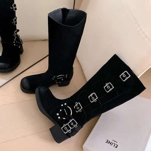 Vista 2 de Vertundy Botas altas hasta la rodilla para mujer, botas de tacón bajo grueso de pantorrilla ancha, botas vaqueras de equitación occidental, botas