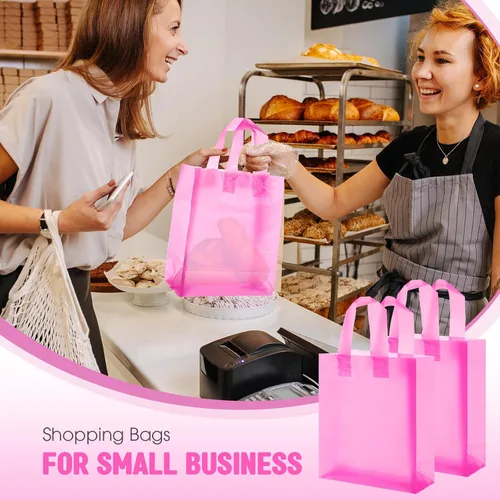 Vista 5 de Qilery Paquete de 100 bolsas de regalo de plástico esmerilado con asas, pequeñas bolsas de plástico de 8 x 4 x 10 pulgadas para pequeñas empresas