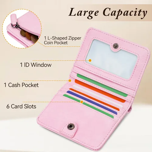 Vista 3 de MEITRUE Cartera pequeña para mujer, cartera delgada RFID para mujer, tarjetero con ventana de identificación, 04-Rosa claro, Pequeña, Moderno