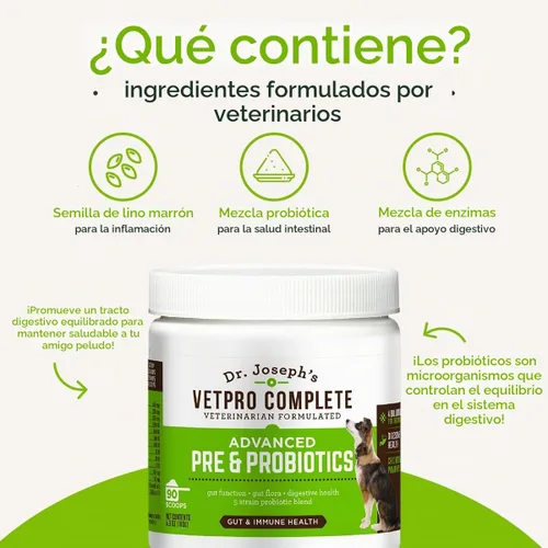 Vista 4 de Dr. Joseph's VetPro Complete Advanced Pre y probióticos en polvo para perros, decoración de comida, 90 cucharadas, apoya la salud intestinal