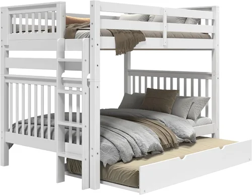 Vista 4 de Bedz King Literas de tamaño matrimonial sobre Full Mission Style con escalera final y cama nido individual, color blanco