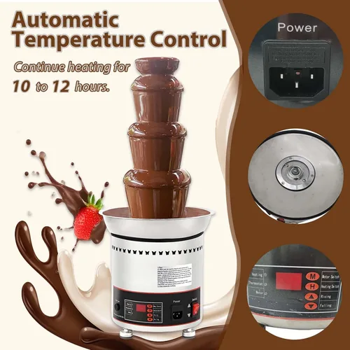 Vista 3 de Fuente de chocolate de 4 niveles, máquina de cascada de chocolate de acero inoxidable, torre de fondue de queso caliente con control automático