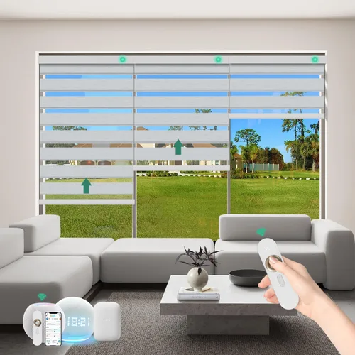Vista 14 de Persianas motorizadas de cebra con control remoto [doble capa + filtro de luz] Persianas inteligentes 60% opacas para ventanas interiores