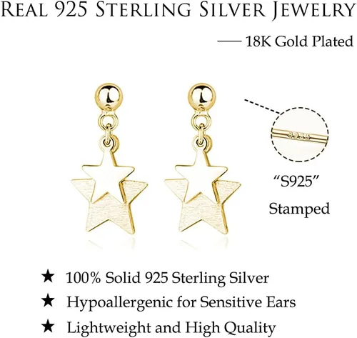Vista 7 de Reffeer Aretes de tuerca de plata de ley 925 maciza con doble estrella para mujer, aretes de estrella pequeña
