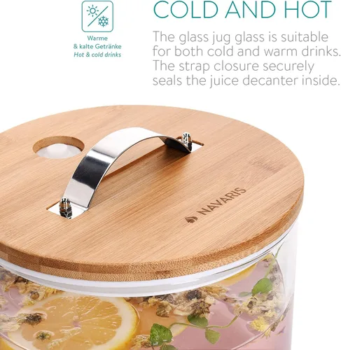Vista 3 de Navaris - Dispensador de bebidas con soporte - 1.3 galones (5L) Dispensador de bebidas de vidrio con válvula, tapa, soporte de madera para bebidas