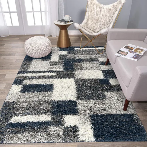 Vista 8 de Rugshop Alfombra de felpa de cuadros modernos desgastados azul marino, no desprende pelusa, suave para sala de estar, comedor y oficina, 7 pies 10