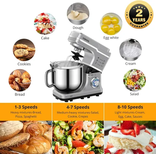 Vista 5 de Batidora de pie de 7.5QT, mezclador eléctrico de cocina de cabeza Plateado