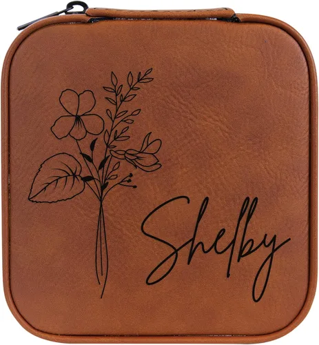 Vista 17 de Joyero de flores de nacimiento personalizado Estuche de viaje (cuero crudo, abril - guisante dulce)