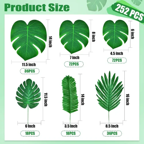 Vista 2 de EBOOT 252 hojas de palma artificiales, 6 tipos de hojas de Monstera tropicales sintéticas, hojas de safari de selva con tallos para fiesta temática