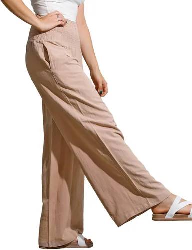 Vista 5 de utcoco Pantalones palazzo de lino de pierna ancha para mujer, estilo casual, cintura elástica, ajuste holgado