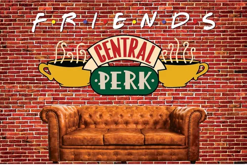Vista 8 de Fondo de 6 x 4 pies para fiesta de amigos de Central Perk, pared de ladrillo rojo, retro, sofá de pub y café, fondo para fotografía de cumpleaños