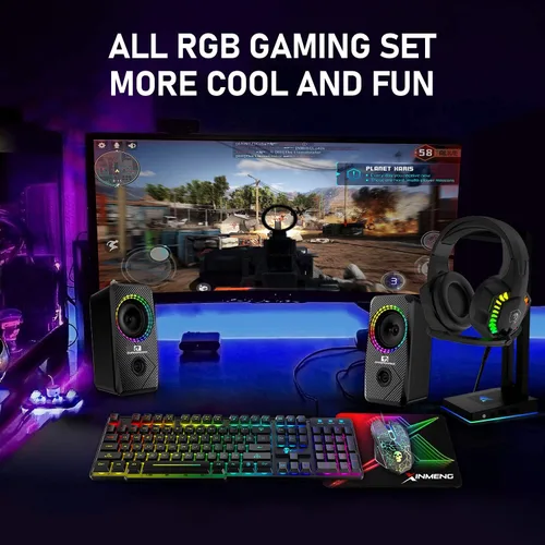 Vista 7 de Teclado de juego 5 en 1 con cable para auriculares y altavoz Combo con retroiluminación multi RGB ergonómico de 104 teclas de micrófono ajustable