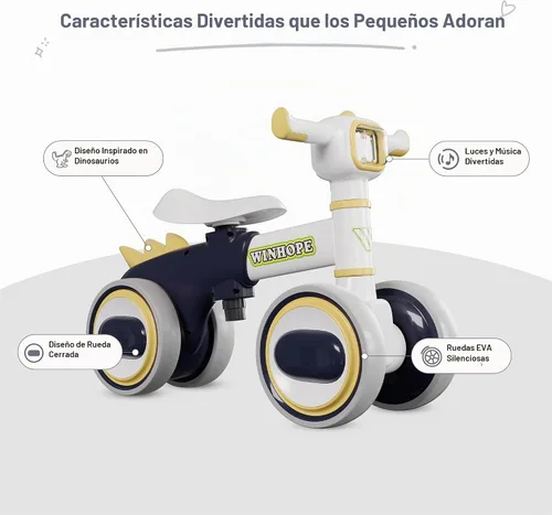 Vista 3 de WinHope Dinosaur Baby Balance Bike for 1 Year Old, Lights & Music Gris