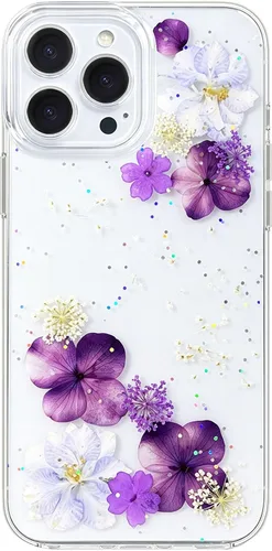 Vista 9 de Abbery Funda diseñada para iPhone 13 Pro con diseño de flores prensadas con purpurina y diseño de goma de silicona suave, diseño de flores reales