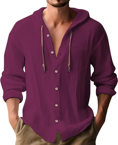 Vista 30 de Camisas de lino para hombre, casual, con botones, de verano, algodón, lino, con capucha, para playa, manga larga, con capucha