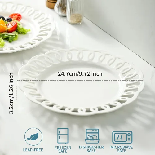 Vista 4 de Juego de 4 platos de cena de 10 pulgadas con borde de encaje, nuevos platos redondos de porcelana color hueso con diseño único de ahuecamiento