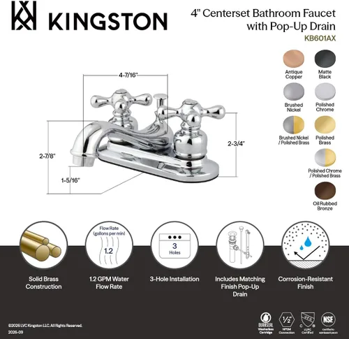 Vista 3 de Kingston KB606AX - Grifo de baño central de 4 pulgadas, cobre antiguo