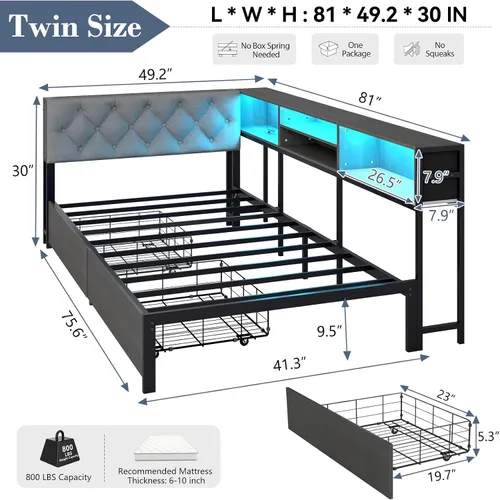 Vista 3 de Marco de cama de esquina tamaño twin con estante de almacenamiento y cabecero, cama de plataforma de esquina con luces LED y estación de carga, cama