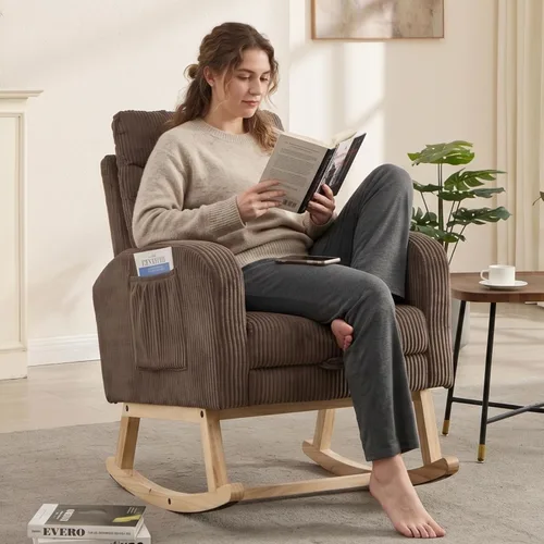 Vista 3 de NIOIIKIT Mecedora para guardería, mecedora tapizada de pana con reposapiés ajustable, silla mecedora copetuda con bolsillo lateral, mecedora