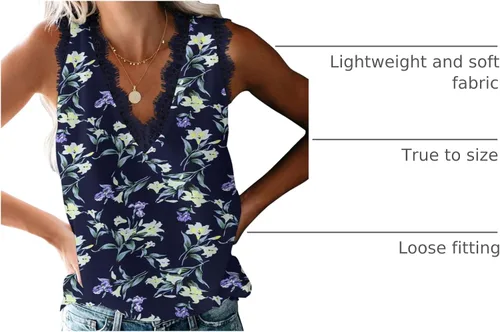 Vista 194 de VIISHOW - Camiseta sin mangas, sexy, con cuello en V y bordes de encaje para mujer, camisola de vestir, camisas de gasa, sin mangas, casuales