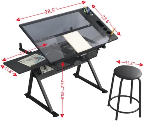 Vista 2 de Mesa de dibujo con taburete, mesa de dibujo multifuncional ajustable en Negro