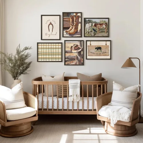 Vista 3 de Arte de pared de vaquero, imágenes en lienzo para guardería, decoración de pared de vaca occidental, impresiones de habitación de niños, póster