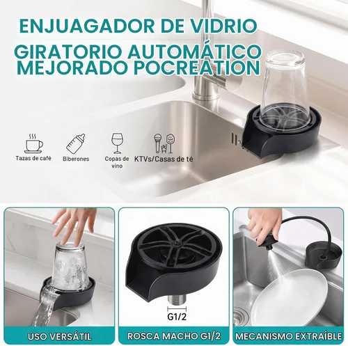 Vista 2 de POCREATION Lavadora automática de vidrio, accesorio de fregadero de boquilla giratoria de 360 grados, lavadora de botellas de acero inoxidable