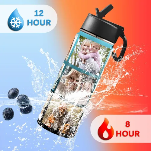 Vista 4 de Botella de agua personalizada con foto y pajita, 18 oz/32 oz, botella de agua deportiva de acero inoxidable personalizada con 1-9 imágenes, nombre