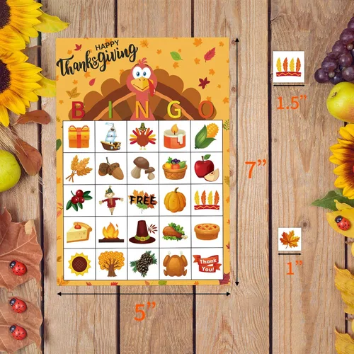 Vista 3 de MISS FANTASY Juegos de Acción de Gracias, juego de bingo de Acción de Gracias para niños, 24 jugadores, tarjetas de bingo para la familia