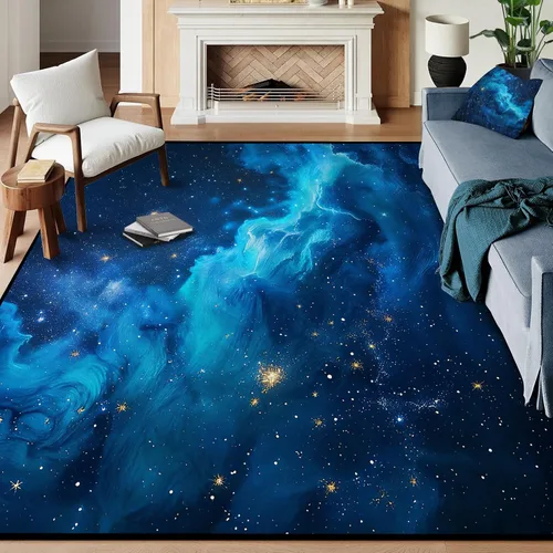 Vista 13 de Alfombra galaxia de 2 x 3 pies para habitación de niños, alfombra de cielo estrellado de pelo bajo, antideslizante, lavable, alfombra nebulosa