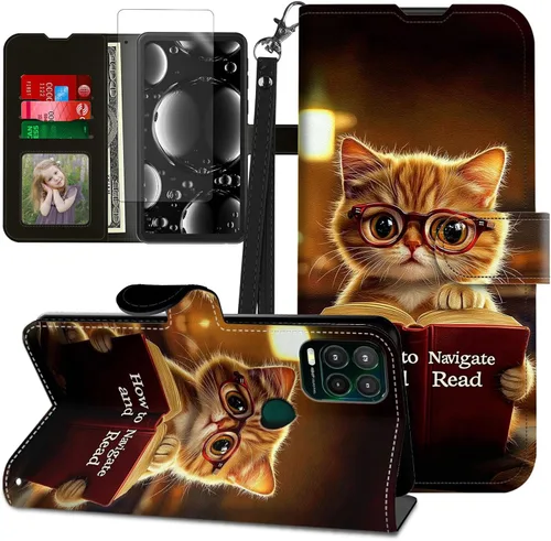 Vista 318 de Funda para Motorola Edge 2022 con protector de pantalla, soporte y tarjetero y correa para la muñeca, funda magnética para Moto Edge 2022 5G UW Lobo