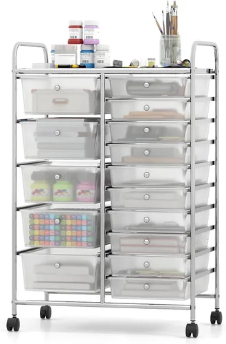 Vista 16 de DREAMADE Carrito de almacenamiento con ruedas de 15 cajones, carrito de manualidades móvil con ruedas con cerradura, cajones de plástico extraíbles