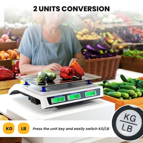 Vista 7 de Giantex Báscula de cálculo de precios 66 lb/30 kg, báscula comercial recargable de alimentos con pantalla LCD doble, plataforma de acero inoxidable