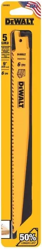 Vista 7 de DEWALT Reciprocating Saw Blades, Tapered Back, Bi-Metal, 9-Inch 6-TPI, 5-Pack (DW4803)