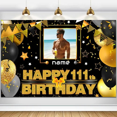 Vista 81 de Cartel decorativo personalizado de feliz cumpleaños número 100 - Personalización disponible - Negro y dorado - Tamaño grande - Admite fotos