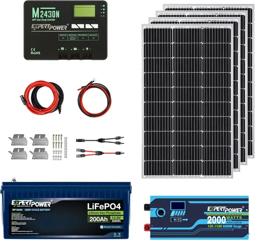 Vista 11 de ExpertPower Kit de energía solar de 2.5KWH 12V LiFePO4 12V 100Ah, paneles solares mono de 400 W, controlador de carga solar MPPT de 30 A, cargador