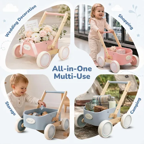 Vista 4 de Joyreal Andador de madera para bebés y vagón para niños pequeños 2 en 1 Azul