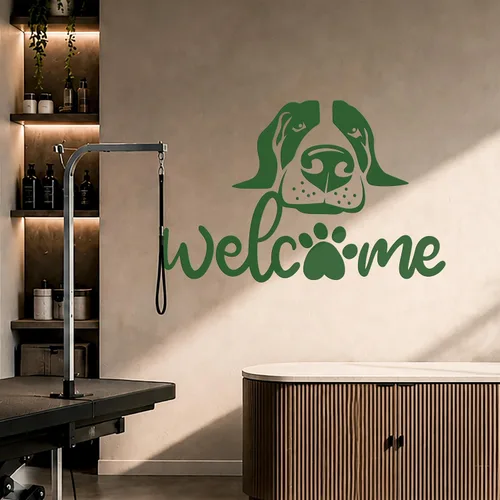 Vista 4 de Calcomanía de vinilo de bienvenida para pared, decoración divertida de perro para tienda de mascotas, mural (k152) negro