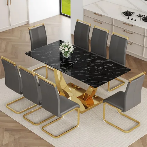 Vista 23 de Juego de Mesa de Comedor Negra para 6, Mesa de Comedor de Mármol Falso de 71" para 6, Juego de Mesa de Cocina Rectangular con Sillas de Cuero PU