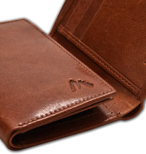 Vista 42 de Cartera de cuero RFID hecha a mano para hombres, elegante cartera de bolsillo frontal triple con 2 ranuras para identificación y 9 tarjetas, Azul