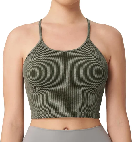 Vista 2 de Attifall Camiseta corta acanalada sin mangas para mujer, sin costuras, espalda cruzada, tirantes delgados, para entrenamiento, deportes, conjuntos