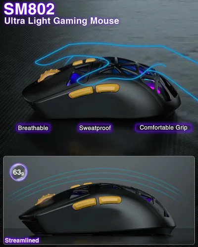 Vista 7 de SOLAKAKA SM802 - Ratón inalámbrico para juegos, 10000 DPI, triple modo con cable/BT 5.0/2.4GHz con botón lateral, mouse macro programable RGB