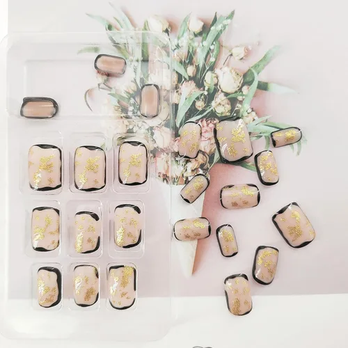 Vista 4 de Uñas postizas francesas con punta negra y borde corto, uñas falsas con diseños de hoja de oro, uñas de acrílico artificiales de cobertura completa