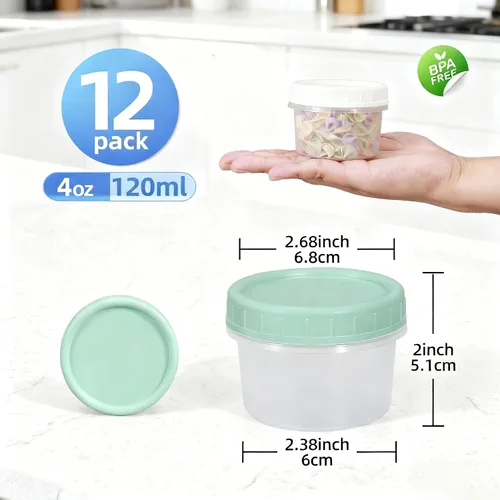 Vista 2 de Recipientes de almacenamiento de alimentos, 12 piezas, recipientes de almacenamiento para congelador de 4 oz con tapas de rosca, a prueba de fugas