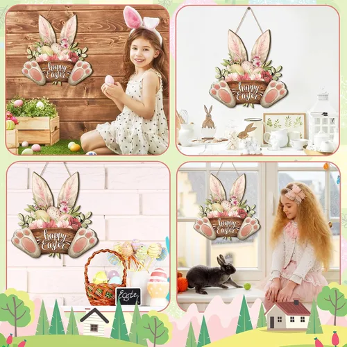 Vista 6 de Barydat 1 corona de Pascua para puerta delantera, conejo de bienvenida, letrero de madera, decoración de primavera, placa colgante de Pascua