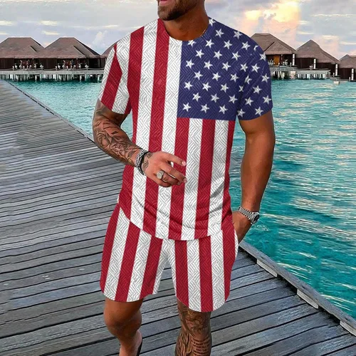 Vista 2 de Traje deportivo casual para hombre, diseño de bandera estadounidense, 2 piezas, conjunto de chándal para el 4 de julio, conjunto de camiseta