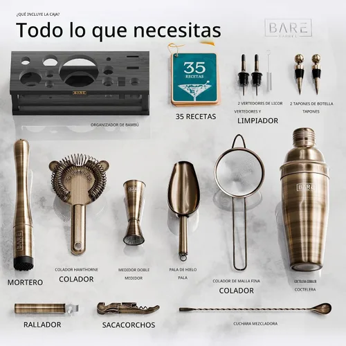 Vista 4 de BARE BARREL® Mixology Bartender Kit Bar Set Juego de coctelera de 16 piezas Herramientas de mezcla de Martini Barware para el hogar Incluye 35